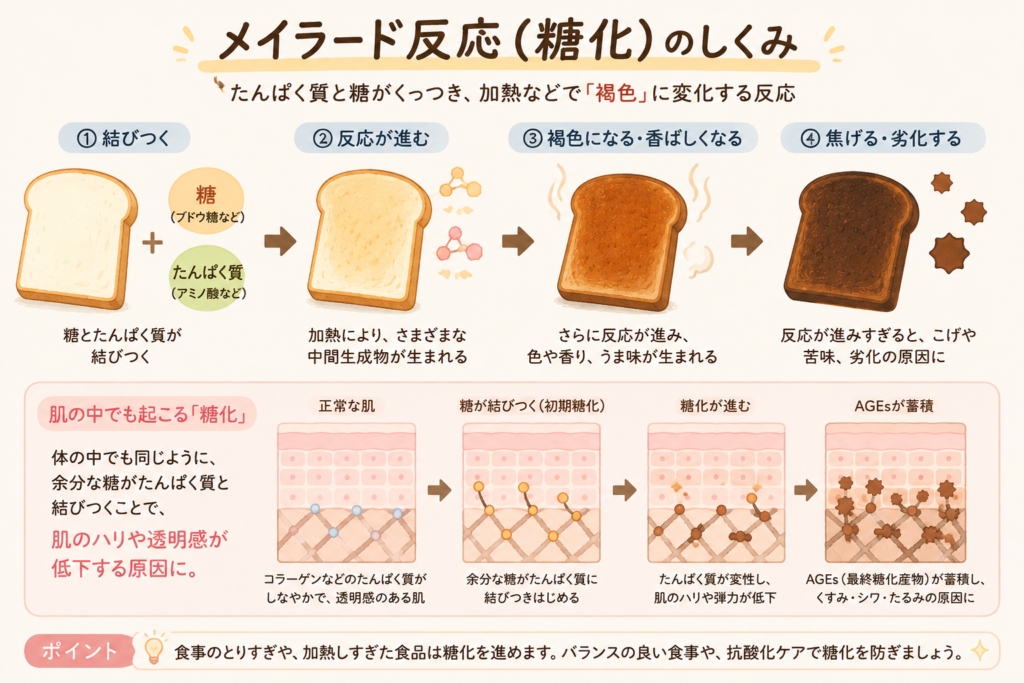 メイラード反応（糖化）のしくみを解説した図解。糖とたんぱく質が結びつき、パンが焦げるように肌のコラーゲンも変化して、AGEsの蓄積でくすみやたるみにつながる流れ