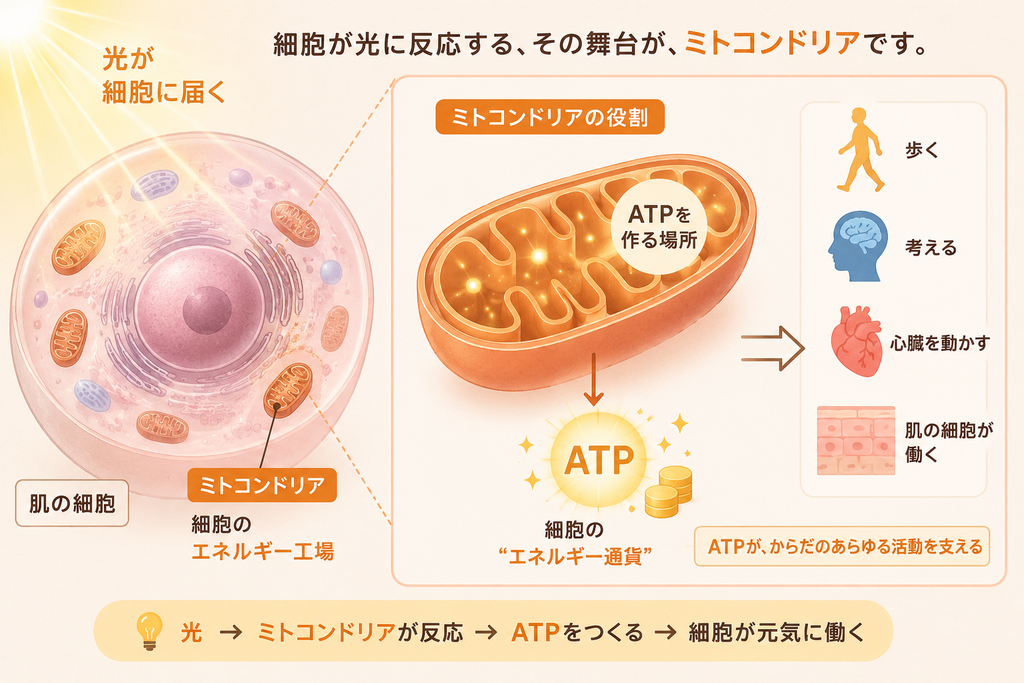 細胞が光を受け取ると、ミトコンドリアが反応してATP(細胞のエネルギー通貨)を作り、それが体のあらゆる活動を支える、というPBMの仕組みを示した図解