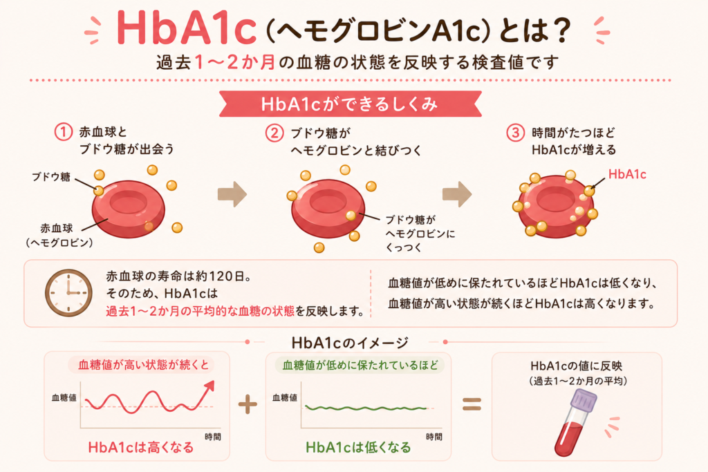 HbA1c（ヘモグロビンA1c）ができるしくみの図解。赤血球のヘモグロビンにブドウ糖が結びつき、過去1〜2か月の平均的な血糖の状態を反映することを説明したイラスト